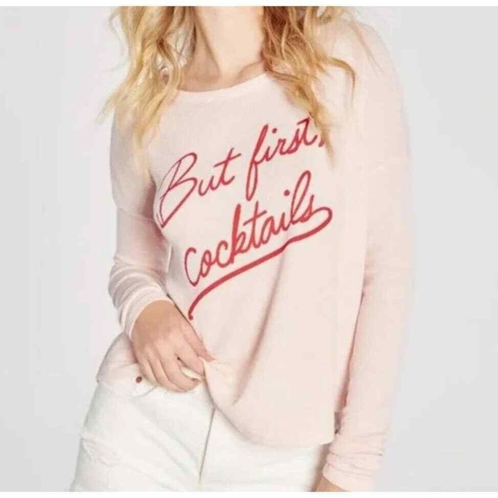 Wildfox Size XS Pink Pullover Relaxed Fit Sweatshirt But First Cocktails